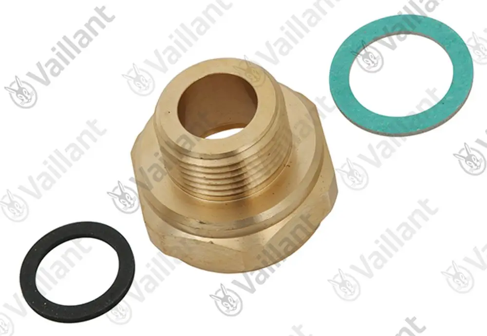 Vaillant-Reduziernippel aus Messing mit zwei Dichtungen, einer schwarzen und einer grünen. Der Nippel hat ein gewinde und ist für Anschlussanwendungen konzipiert.